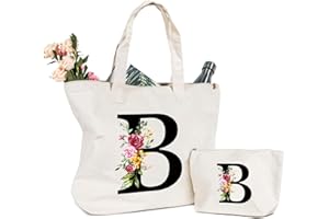 SINEKONG Personalizzata Iniziali Borsa Tela Donna, Shopper con Lettere e Fiori Cotone Canvas, Cosmetica per Sposa Damigella, Idea Regalo Mamma, Compleanni, Matrimonio(B)