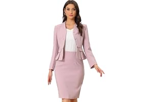 Allegra K Business 2 Piece Suit Set for Women's Long Sleeve Collarless Peplum Blazer Pencil Skirts