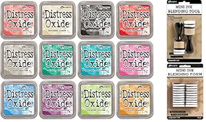 Ranger Tim Holtz Distress Oxide Ink Pads Set of 12 and Mini Ink Blending Tools Round with Replacement Foams