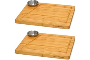 DuneDesign 2 x drewniane talerze do steków z miseczkami do dipów – 30 x 25 cm zestaw talerzy bambusowych – deska do serwowania grilla, akcesoria do burgerów, taca do grillowania – zestaw naczy? do sushi dla 4 osób, dekoracja do sushi