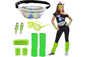 CHMMY Déguisement Annees 80 Accessoire Femme Fluo, Sac Banane, Jambières, Bandeau, Bracelets, Boucles d'oreilles et Lunettes pour Annees 80 Costume Vetement Fête Rétro Néon Femme