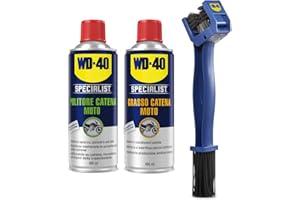 WD-40 SPECIALIST WD-40 - Specialist - Kit Manutenzione Catena Moto - 1 Pulitore Spray 400ml + 1 Grasso Catena Moto per Condizioni Umide Spray 400ml + Una spazzola a 4 lati per la pulizia della catena della moto