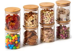 EZOWARE Set di 8 Barattoli di Vetro, Contenitori per la Conservazione degli Alimenti con Coperchio di Legno Bambù Ermetico per Tè Caffè Farina Cereali Fagioli, Vetro Borosilicato - 450ml