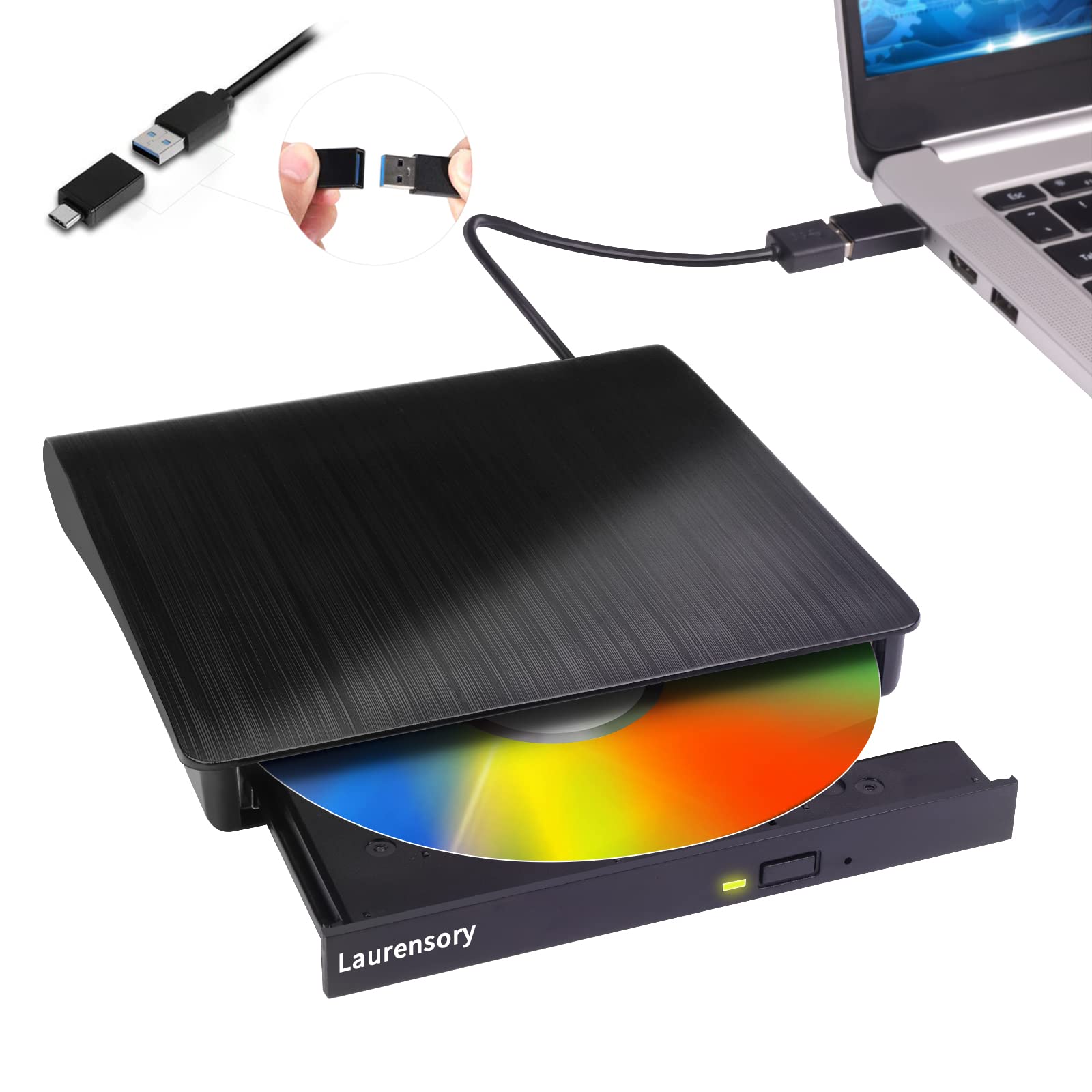Laurensory External DVD Drive USB 3.0 Type-C Portable Player for Laptop CD/DVD +/-RW Disk Drive ROM Burner Writer Reader Compatible With Desktop Windows Linux OS Apple MacBook