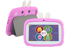 Veidoo Toddler Tablet, 7 inch Android Kids Tablet, 2GB RAM 32GB Storage, IPS Screen, WiFi Dual Camera, Parental Control, Cute Rabbit Kid-Proof Case(Pink)