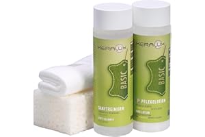 ‎KERALUX KERALUX 4-teiliges Pflegeset P für pigmentierte Glattleder, 200 ml Reiniger, 200 ml Pflege, Schwamm, Tuch. Mit Imprägnierung und Lichtschutz