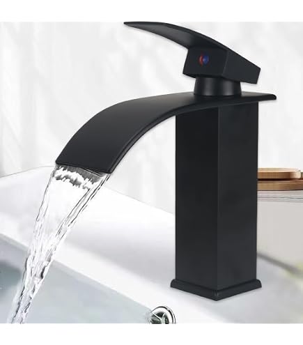 Rubinetto A Cascata Per Lavabo – Miscelatore Monocomando In Ottone, Finitura Nera Opaca, Con 2 Tubi Da 60 Cm
