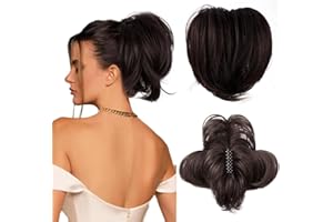PORSMEER Claw Clip in Short Ponytail Hair Extension with Bendable Metal Wire Hair Pieces for Women Messy Bun Hair Piece, Fake Pony Tail DIY Styles (Dark brown)
