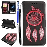 FESELE Dreamcatcher Schutzhülle für [Huawei P9] Feder Traumfänger Prägung Brieftasche Hülle Leder Flip Case Handyhülle mit Magnetverschluss, Huawei P9 Card Slot Vintage Series Wallet Cover Ledertasche Leder-Mappen-Karten-Slot-Abdeckung im Bookstyle Ständer Kartenfach für Huawei P9 + Blau Eingabestift Stylus Touch Pen-Traumfänger,schwarz