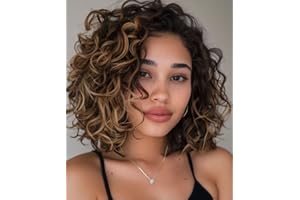 FASHION IDOL Peluca Corta Ondulada Con Encaje Para Mujer - Pelo Humano Enredado, Rizada, Con Raya al Lado, Longitud del Hombro (Marrón y Oro, 30CM)