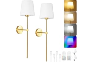 HOTUT 2 sztuki kinkiet, zasilana bateryjnie, ściemniana lampa ścienna RGB ze zdejmowanymi żarówkami i pilotem zdalnego sterowania, złota ładowalna bezprzewodowa lampa ścienna z białym cieniem, do