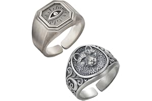 GUVYATI Pack of 2 men's rings, men's rings, men's rings, silver rings, rocker outfit men, stainless steel rings for men, signet ring (wolf scope ring + demon eye ring)