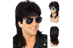 Qnbiar Herren Vokuhila Perücke Schwarz Lockig 70er 80er Cosplay Kostüm Perücke Retro Punk Rocker Disco Synthetische Vollperücken