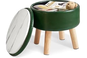IBUYKE 13” Piccolo Poggiapiedi Ottomano con Contenitore, Pouf Poggiapiedi Rotondo con Sedile Imbottito e Coperchio, Poggiapiedi Mini in Pelle PU per Ingresso Divano Soggiorno, Verde Scuro WBD023GR