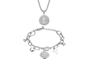 OIDEA Juego de 2 collares y pulseras, medallas, collar de San Benito, medalla de cruz ajustable, pulsera de acero inoxidable, plata