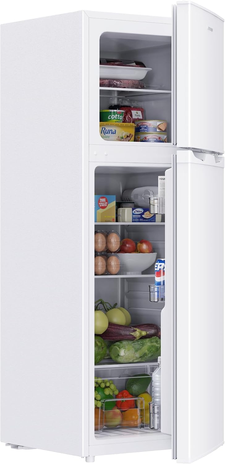 Upstreman 132L Fridge Freezer 70/30, 98L Refrigerator with 34L 4-Star Freezer Compartment on Top, 39dB Quiet Operation and LED Lighting, Refrigerator for Kitchen/Office/Apartment, TM132-White