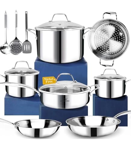 HOMICHEF Casserole Inox Sans Nickel 0,95 L Bleu Marine - Avec Couvercle Verre, Polyvalente Induction, Sans Revêtement Toxique