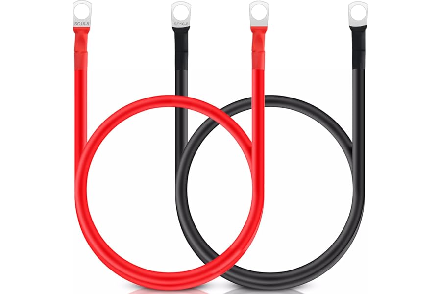 JatilEr 2 Pcs Battery Cables 12V, 5AWG/16mm² 50cm Battery Inverter Cable Copper, Battery Leads Battery Link Cables with M8 Ring Terminals Copper Wire for Auto Motorcycle Solar RV Marine