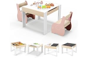 GOPLUS Table Enfant avec 2 Chaises, 4 en 1 Table d’Activité avec Plateau Rabattable à Double Face Tableau Noir/Blanc, Petit Bureau Enfant avec Rangement pour 3-6 Ans, Charge 30KG (Blanc+Rose)