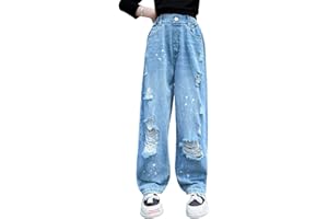 Rolanko Jeans Large Fille Bootcut Déchiré Troué Élastique Waille Denim Pantalon pour Enfants