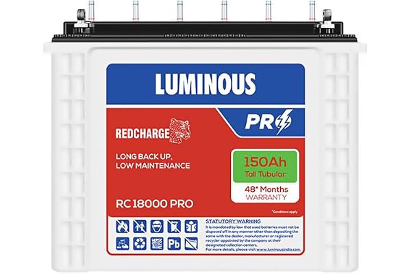 Luminous Red Charge RC 18000 PRO Tall Tubular Inverter Battery for Home, Office & Shops 150Ah/12V High-Performance, Durable & Low Maintenance Battery Easy Installation 48 Months Warranty