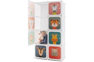 Maxmass 8/12 Cube Children Wardrobe, Portable Kids Clothes Closet with Hanging Sections, DIY Modular Storage Organizer for Nursery, Bedroom, Kindergarten (White Animal, 75 x 37 x 145 cm)