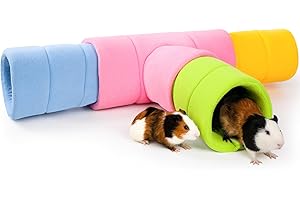 ONEJU Meerschweinchen Tunnel, Vier stapelbare Tunnel für Meerschweinchen, EIN rosa 3-Wege pielröhren und DREI verschiedenfarbige 2-Wege pielröhren, Rosa, Blau, Grün und Gelb