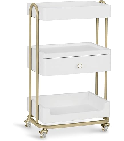 BarberPub Kappersauto met rollen en 2 laden, trolley serveerauto, salon trolley met 2 planken en vijandige eigenaren, moderne werkauto voor badkamer woonkamer, 32x37x87cm, 0029 (zwart-goud
