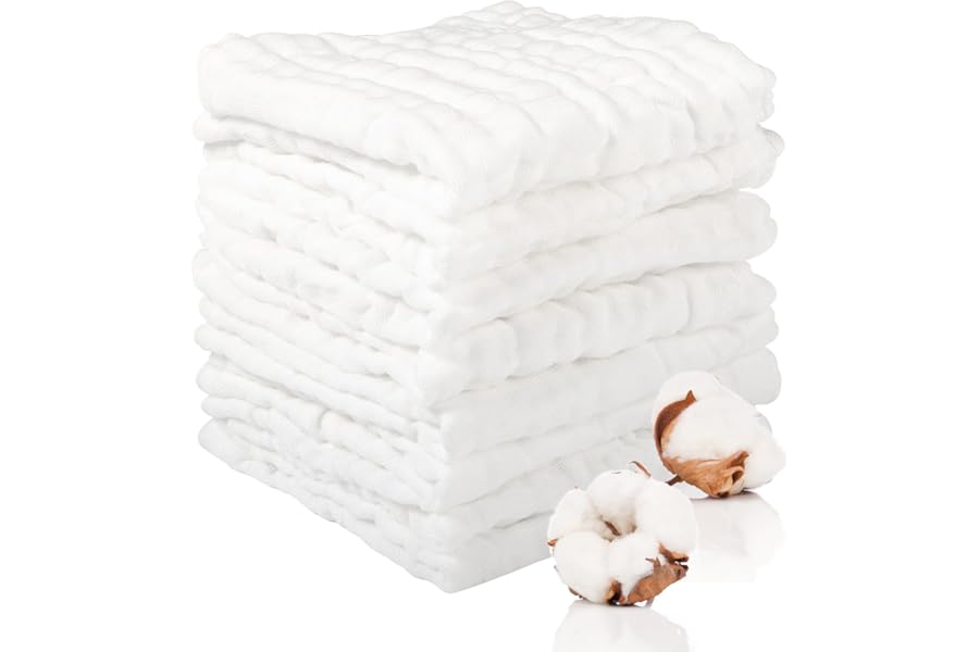 Lanjue 8 Pcs Muslin Cloths for Baby, 12x12 Inch Cotton Muslin Squares 6-layer Soft Thickening Fabric, Reusable Burp Cloth with High Absorbency for Baby Bibs, Mouth Wipes, Face Wash Cloths(White)