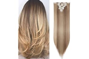 MY-LADY 26" Long Straight Clip in Hair Extensions Full Head 8Pcs 18Clips Ombre Colorful Synthetic Hair Clip in Hairpiece Light Brown mix Ash Blonde