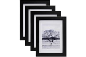 EGOFINE 7x5 Photo Frames Set of 4, Made of Solid Wood Matted for 4x6 and 3.5x5, Solid Wood Picture Frames for Tabletop and Wall Mounting, Black
