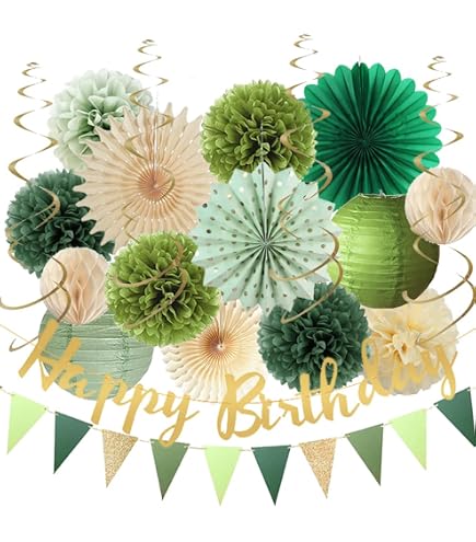Décorations Fête Vert Sauge Et Pêche - Kit Lanternes, Pompons Et Éventails En Papier De Soie