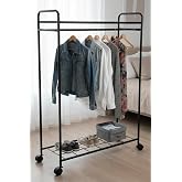 Metaliz Concept Tekerli Modern Metal Elbise Askılığı - Katlı Raflı Portatif Giysi Standı, Siyah Renk