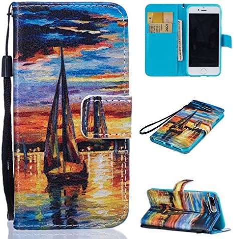 Yidaxing iPhone 7 PLUS Wallet Case, Premium PU Leather Flip Cover Colorful Pattern Design Shockproof Case with Hand Strap and Card Holder for iPhone 7 PLUS, Sailboat at sunset