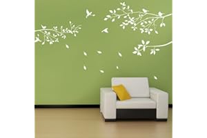 Décoration murale de branches d'arbre avec oiseaux Stickers muraux Sticker en vinyle Salle de vie en pépinière Bâtons de mur de salon (blanc)