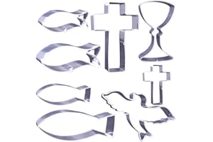 MIUEZUTH 8tlg. Ausstecher Ausstechformen Set, Christen-fisch Keksausstecher Plätzchenform, Ausstechform Kreuz, Plätzchenformen Taube, Cookie Cutters Kelch, 24 Geschenkaufkleber für Kommunion Konfirmation Taufe
