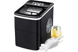 RWFlame Ice Maker Machine, Countertop Ice Cube Machines Make 26 Lbs ice in 24 Hrs, Ice Cubes Ready in 6 Mins, Ice Maker Self-cleaning with Ice Scoop & Basket for Home/Office/Bar (Black）