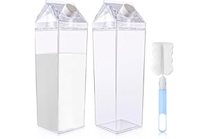 INQUIRLLY Botella de agua de cartón de leche, 2 unidades de 1 litro, caja de leche de plástico transparente cuadrada, cepillo para enviar, bebida, té helado, botellas de leche, bebidas, zumo de bebidas, para