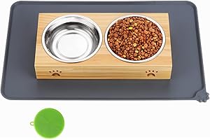 Faankiton Podwyższona miska dla psa i kota, 2 miski dla psów ze stojakiem dla małych psów, szczeniaków, średnich psów, bambusowa stacja do karmienia zwierząt domowych, miska na wodę dla kota z antypoślizgową wodoodporną matą (350 ml na miskę)