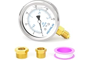 MEANLIN MEASURE 0~2BAR/0~30PSI Manomètre rempli de liquide, acier inoxydable,cadran 1/4"BSP 2.5", montage inférieur pour eau,huile et air WOG, avec douille hexagonale 1/4"x 1/2" BSP et 1/4"x 3/8" BSP