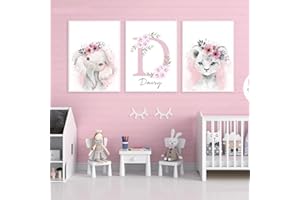 YOUIHOM 3 Poster Personalizado Bebe Cuadro Nombre Niña Flores León Elefante Rosa y Gris Decoracion Pared Dormitorio Infantil Regalo 30 x 40 cm sin Marco