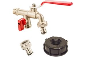 DZAY Robinet Double De Jardin 1/2",Robinet Cuve 1000l Adaptateur De RéServoir D'Eau Ibc Robinet Recuperateur Eau De Pluie,Double Robinet En Laiton en PP Filetage Gros 60 MM S60x6 Ibc Raccord Robinet
