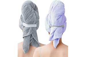 BellaGesundheit 2 Stück Mikrofaser Haarturban mit Elastischem Band – 100x60 cm, Schnell trocknend & Super Saugfähig für Langes Dickes Lockiges Haar (Grau&Blau)