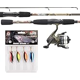 Mitchell Tanager Camouflage fishing set of a rod and reel combo with line and lures for anglers fishing for trout and perch. 