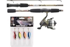 Mitchell Tanager Camouflage fishing set of a rod and reel combo with line and lures for anglers fishing for trout and perch. Available in Telescopic Travel combo kit. Predator fish full set up