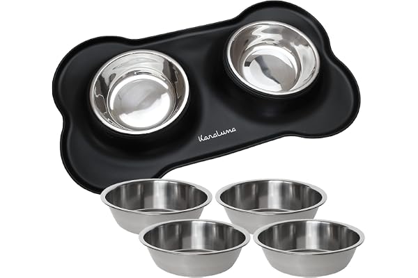 KaraLuna Tapis pour gamelle en silicone KaraLuna avec 4 gamelles en acier inoxydable de 400 ml I Gamelle pour chats Gamelles pour petits chiens Lot de gamelles pour chat