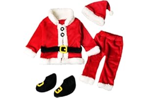 LYSTAO Baby Christmas Costumes, 4PC Toddler Santa Claus Outfit Xmas Top + Pants + Hat + Boot Socks for Infant Girls Boys Santa Suit Cosplay Fancy Dress Photography Props