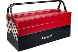 Crystals Tool Box Organiser - 3 Level Metal Tool Storage with 5 Trays - Cantilever Tool Box with Compartments - Portable Tool Organisers Garage, Red/Black