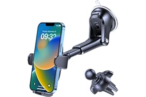 OQTIQ Car Phone Holder Windscreen Mount, Dashboard Phone Holder, Strong Suction Cup Phone Mount with Air Vent Clip, 360° Mobile Phone Holder for Car Window Windshield Compatible for iPhone Samsung