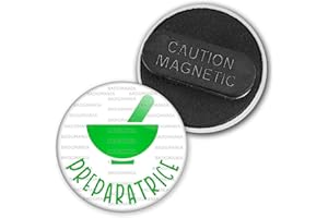 Badgmania Badge Magnétique 3.8cm Préparatrice en Pharmacie Mortier Vert Fond Blanc Identifiant Pharmacie